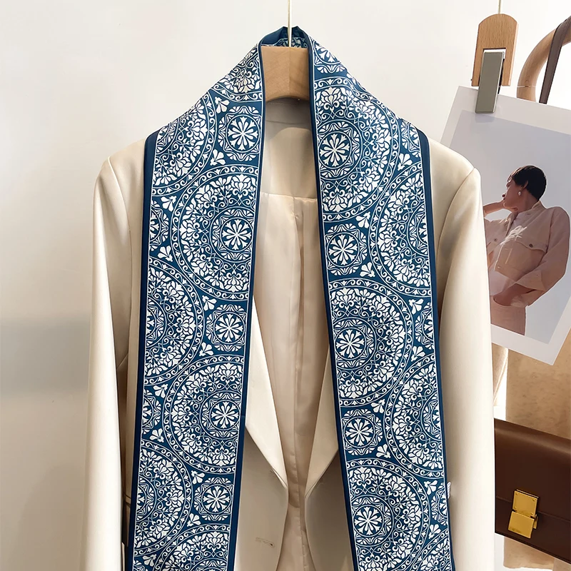 Women Silk Feel Printed Design Scarf Shawl Fashion Luxury Long Narrow Small Silk Scarves Ladies Headband Headscarve bags wrap