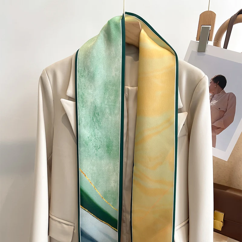Women Silk Feel Printed Design Scarf Shawl Fashion Luxury Long Narrow Small Silk Scarves Ladies Headband Headscarve bags wrap