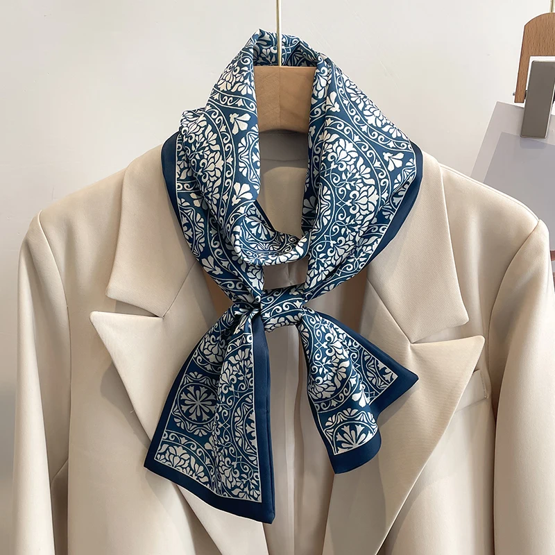 Women Silk Feel Printed Design Scarf Shawl Fashion Luxury Long Narrow Small Silk Scarves Ladies Headband Headscarve bags wrap