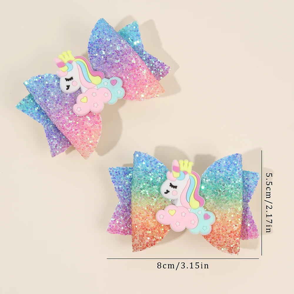 2Pcs Rainbow Unicorn Cartoon Hair Clip Kawaii Sweet Pastel Glitter Bow Hairpin For Girls & Kids Headwear Children's Accessories