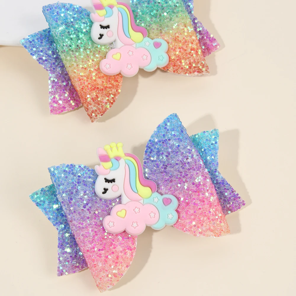 2Pcs Rainbow Unicorn Cartoon Hair Clip Kawaii Sweet Pastel Glitter Bow Hairpin For Girls & Kids Headwear Children's Accessories
