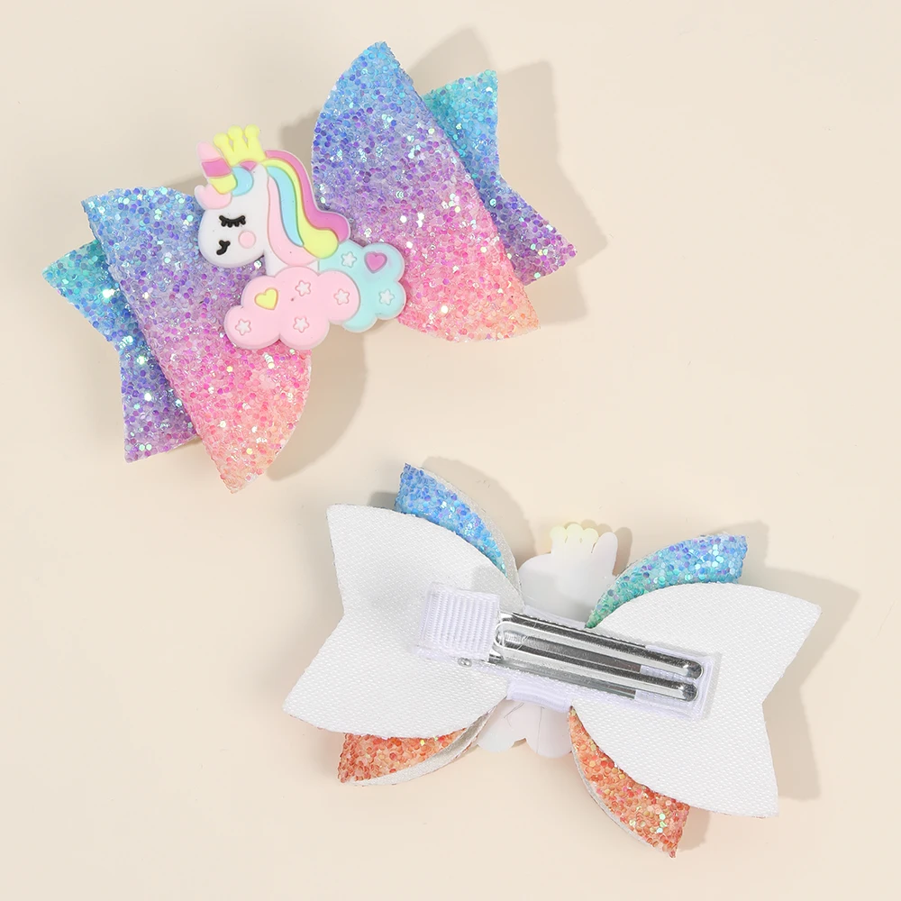 2Pcs Rainbow Unicorn Cartoon Hair Clip Kawaii Sweet Pastel Glitter Bow Hairpin For Girls & Kids Headwear Children's Accessories