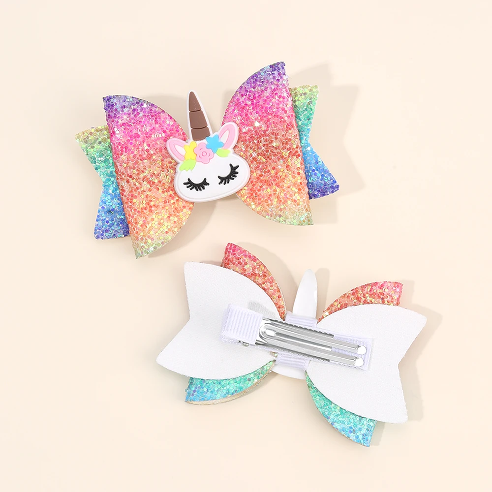 2Pcs Rainbow Unicorn Cartoon Hair Clip Kawaii Sweet Pastel Glitter Bow Hairpin For Girls & Kids Headwear Children's Accessories
