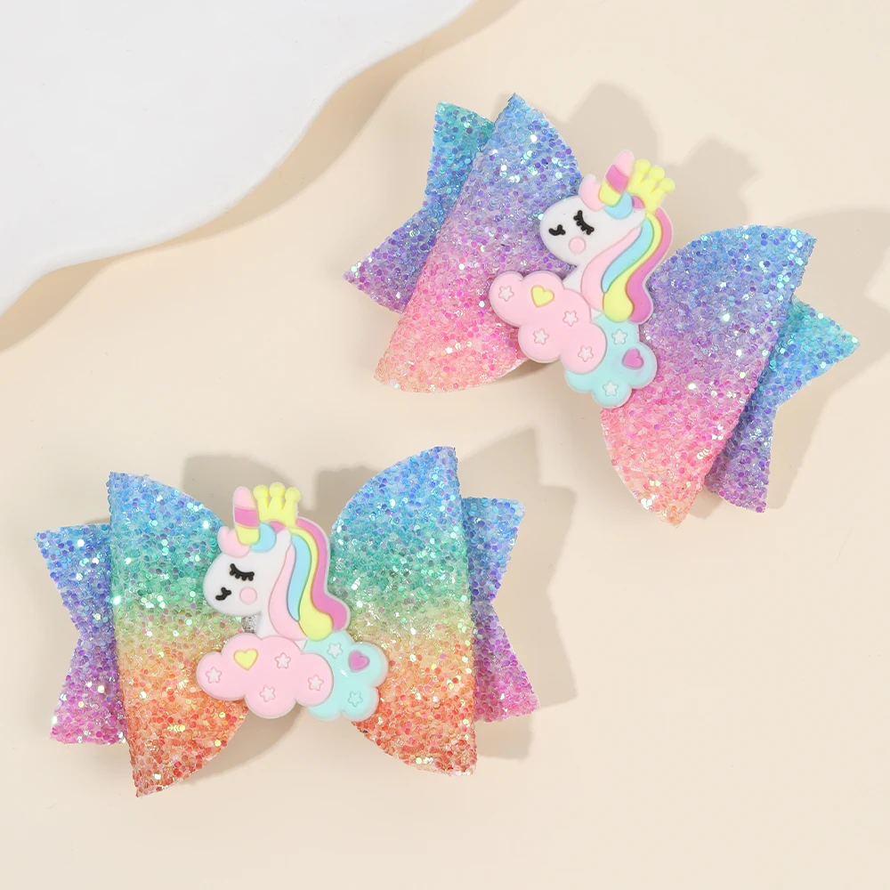 2Pcs Rainbow Unicorn Cartoon Hair Clip Kawaii Sweet Pastel Glitter Bow Hairpin For Girls & Kids Headwear Children's Accessories