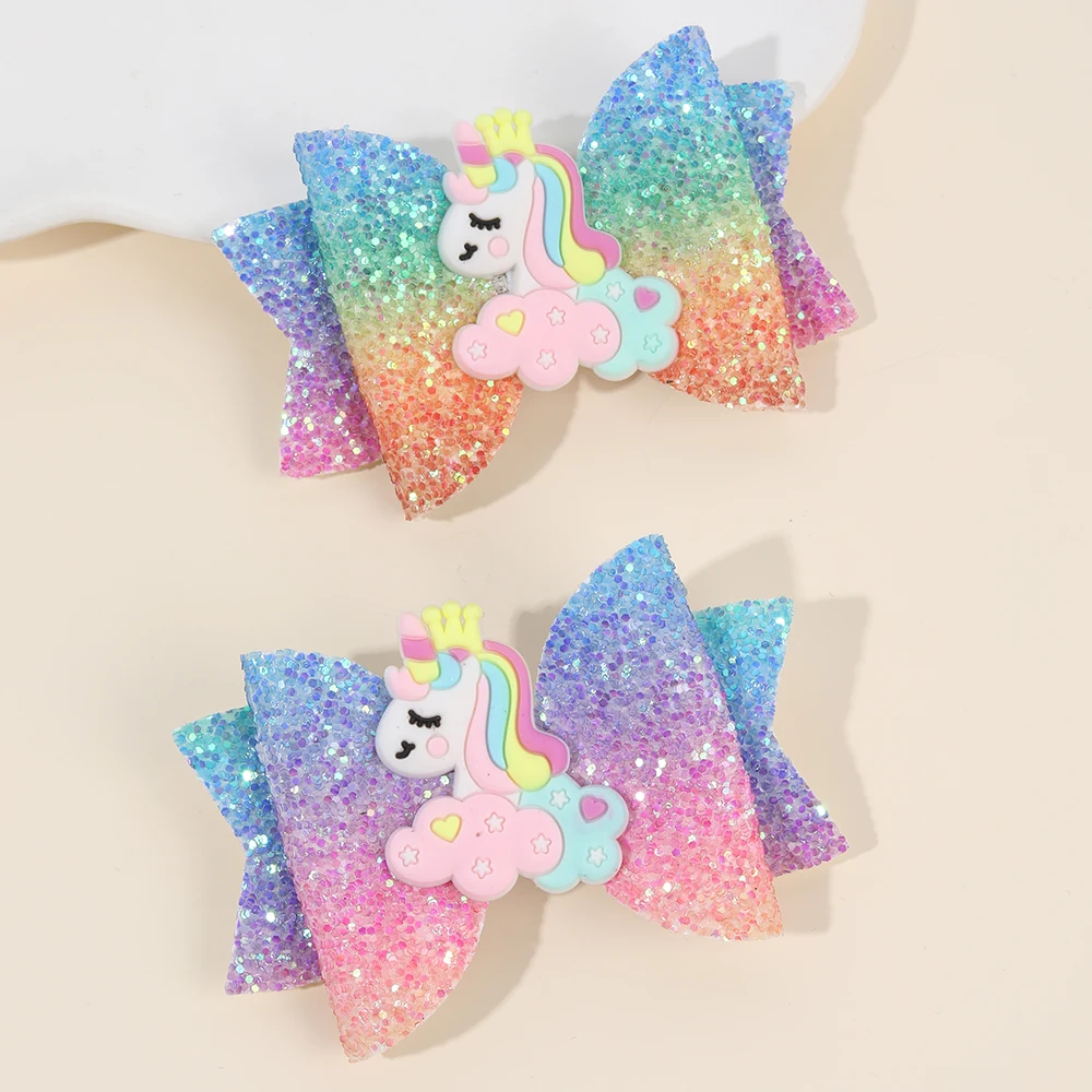 2Pcs Rainbow Unicorn Cartoon Hair Clip Kawaii Sweet Pastel Glitter Bow Hairpin For Girls & Kids Headwear Children's Accessories