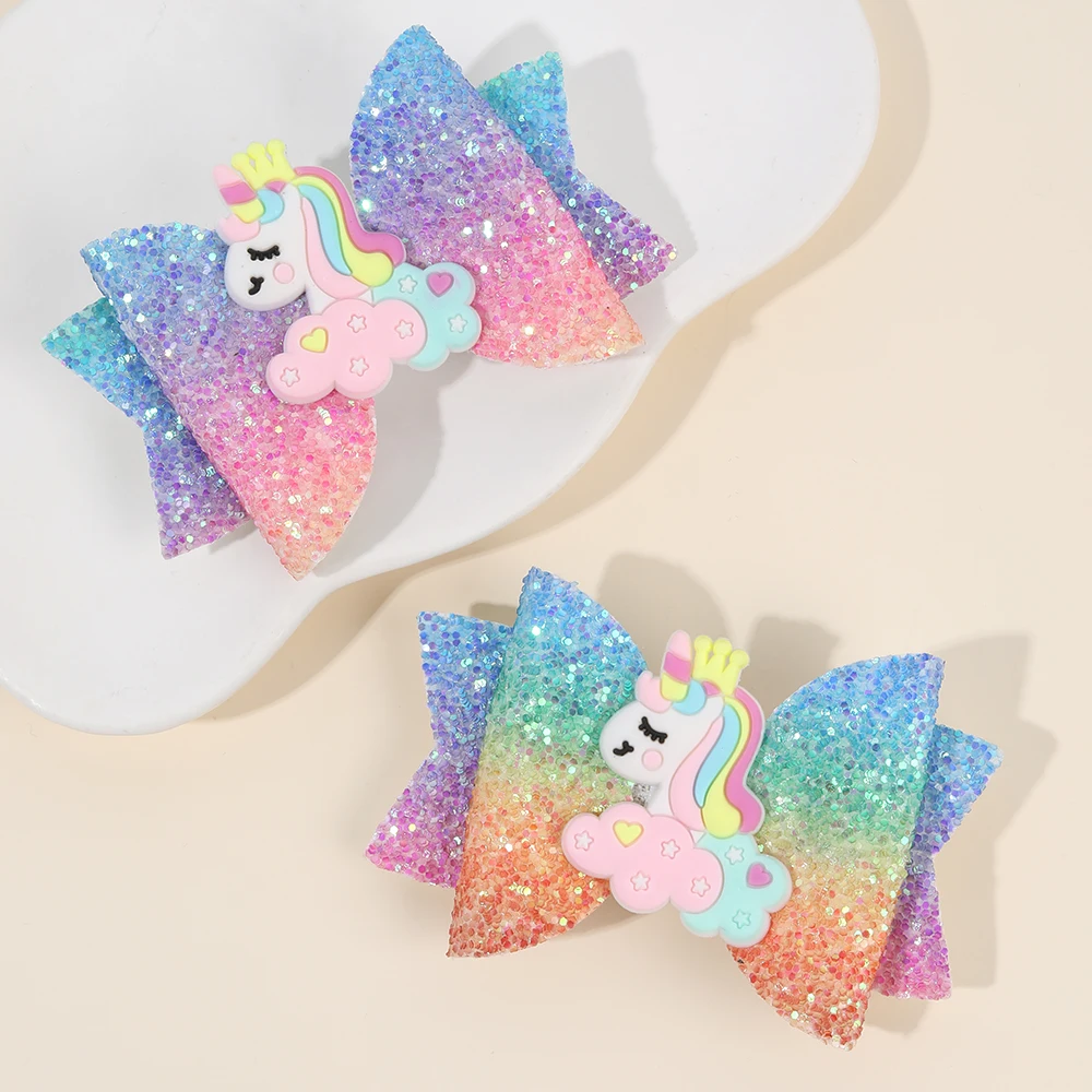 2Pcs Rainbow Unicorn Cartoon Hair Clip Kawaii Sweet Pastel Glitter Bow Hairpin For Girls & Kids Headwear Children's Accessories