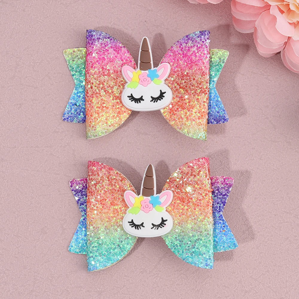 2Pcs Rainbow Unicorn Cartoon Hair Clip Kawaii Sweet Pastel Glitter Bow Hairpin For Girls & Kids Headwear Children's Accessories