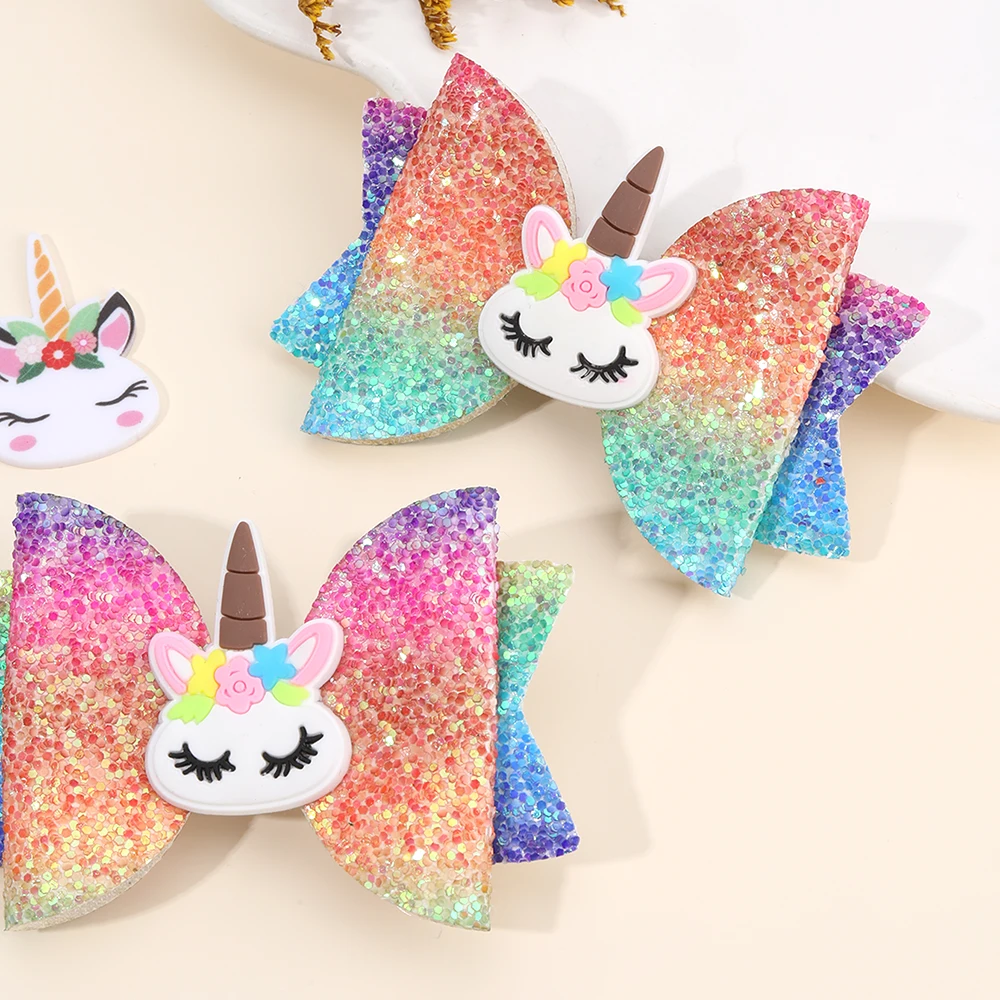 2Pcs Rainbow Unicorn Cartoon Hair Clip Kawaii Sweet Pastel Glitter Bow Hairpin For Girls & Kids Headwear Children's Accessories
