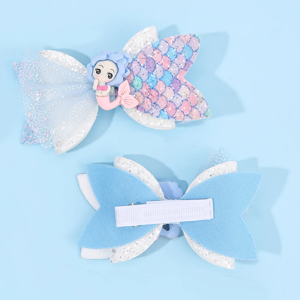 2Pcs Rainbow Unicorn Cartoon Hair Clip Kawaii Sweet Pastel Glitter Bow Hairpin For Girls & Kids Headwear Children's Accessories