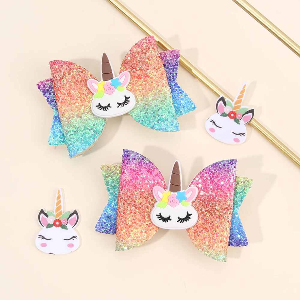 2Pcs Rainbow Unicorn Cartoon Hair Clip Kawaii Sweet Pastel Glitter Bow Hairpin For Girls & Kids Headwear Children's Accessories