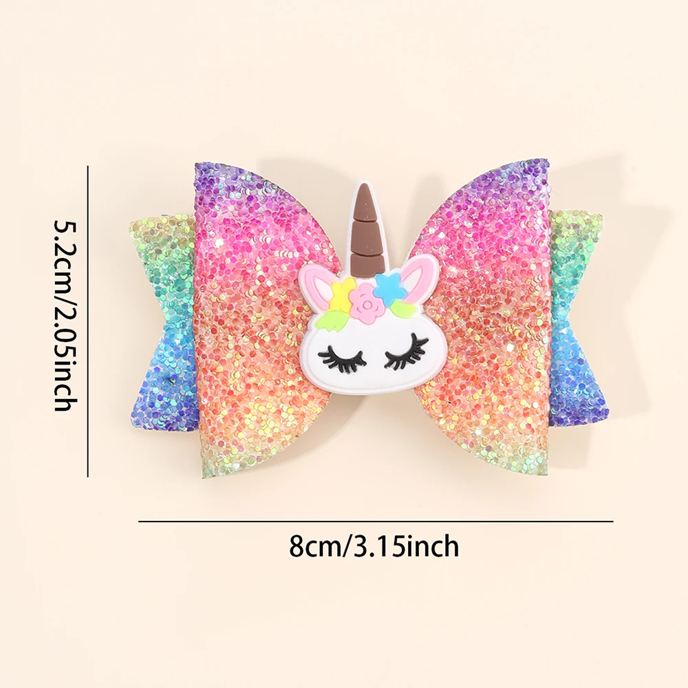 2Pcs Rainbow Unicorn Cartoon Hair Clip Kawaii Sweet Pastel Glitter Bow Hairpin For Girls & Kids Headwear Children's Accessories