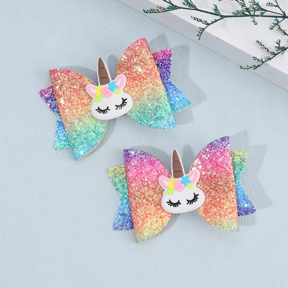 2Pcs Rainbow Unicorn Cartoon Hair Clip Kawaii Sweet Pastel Glitter Bow Hairpin For Girls & Kids Headwear Children's Accessories