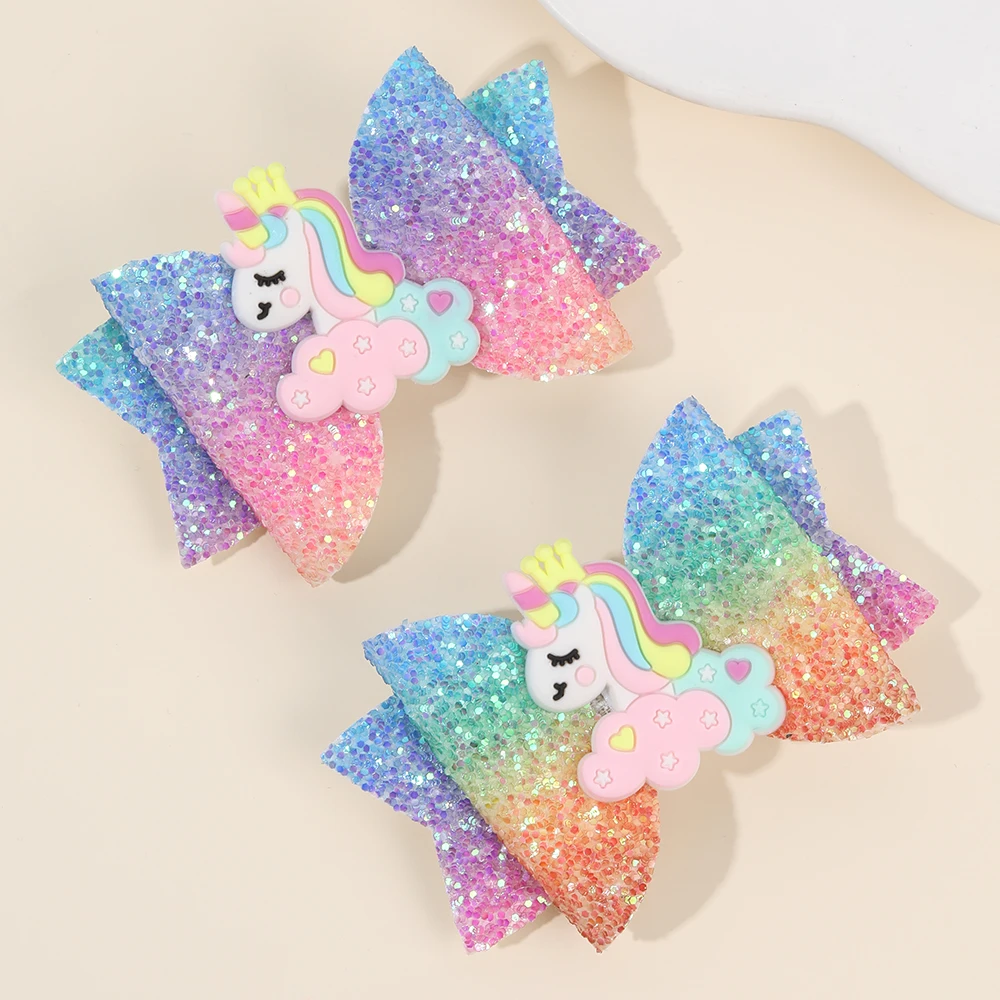 2Pcs Rainbow Unicorn Cartoon Hair Clip Kawaii Sweet Pastel Glitter Bow Hairpin For Girls & Kids Headwear Children's Accessories