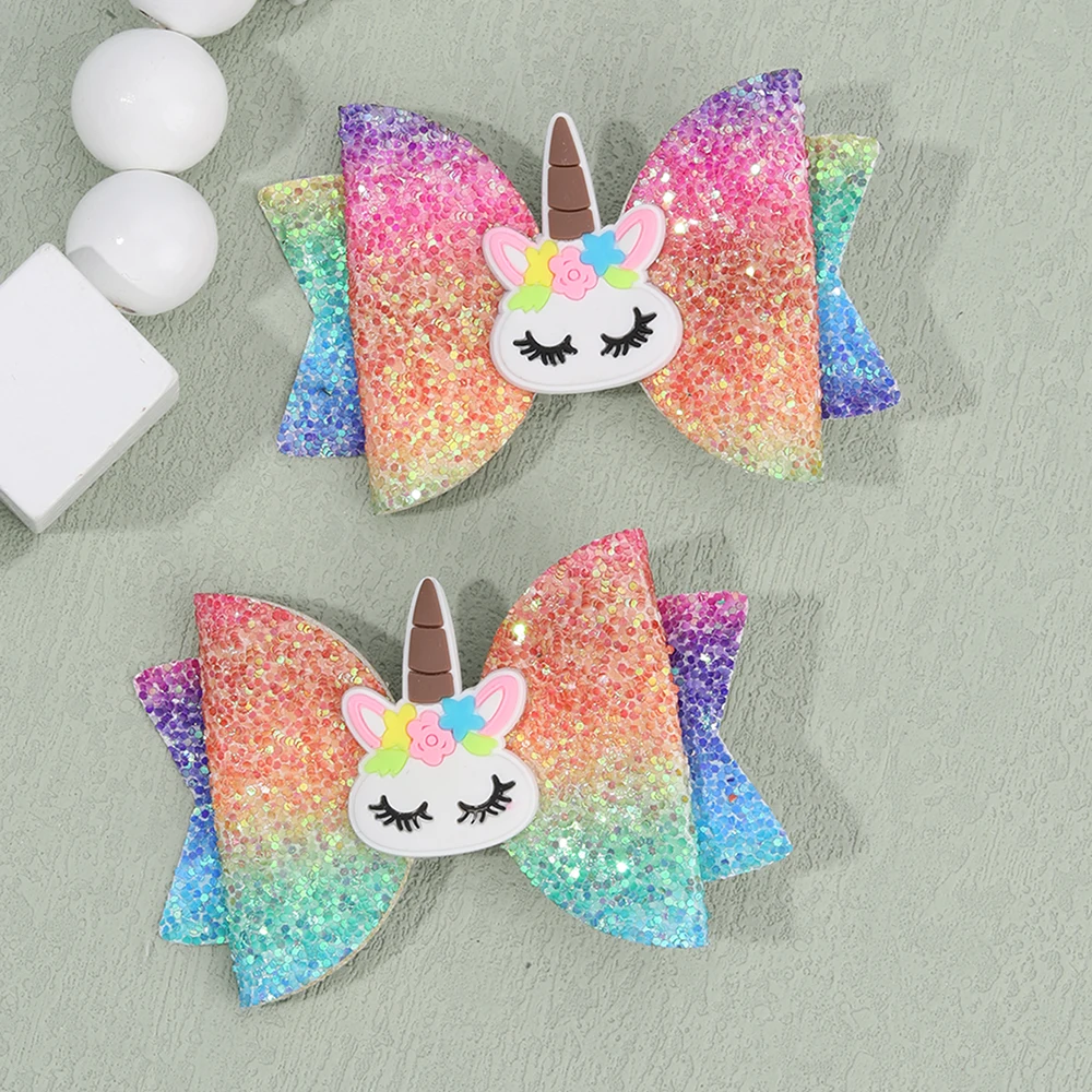 2Pcs Rainbow Unicorn Cartoon Hair Clip Kawaii Sweet Pastel Glitter Bow Hairpin For Girls & Kids Headwear Children's Accessories
