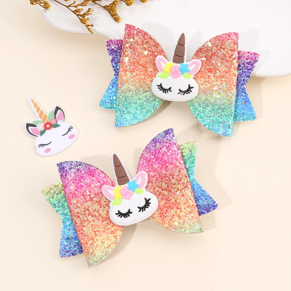 2Pcs Rainbow Unicorn Cartoon Hair Clip Kawaii Sweet Pastel Glitter Bow Hairpin For Girls & Kids Headwear Children's Accessories