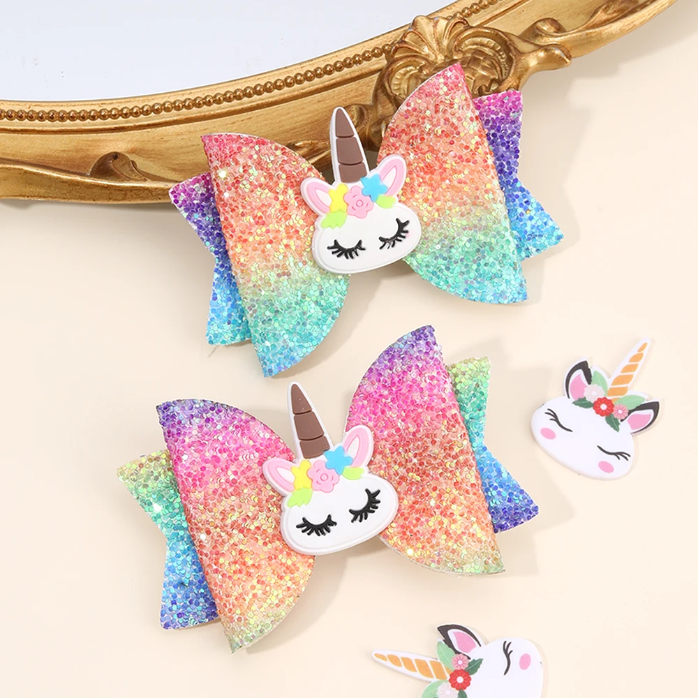 2Pcs Rainbow Unicorn Cartoon Hair Clip Kawaii Sweet Pastel Glitter Bow Hairpin For Girls & Kids Headwear Children's Accessories