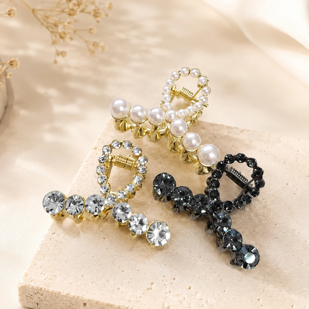 Mini Rhinestone Hair Claw Clip, Pearl Hair Clip, Korean Hair Accessories, Small Strong Hold Hair Claw, Elegant Crystal Hair Clip
