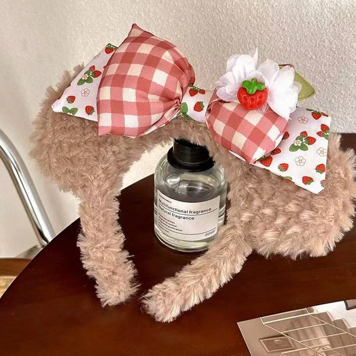1pc New Cute Cartoon Bow Strawberry Bears Ear Plush Headband, Garden Party Headwear Decoration, Sweet Shampoo Headband