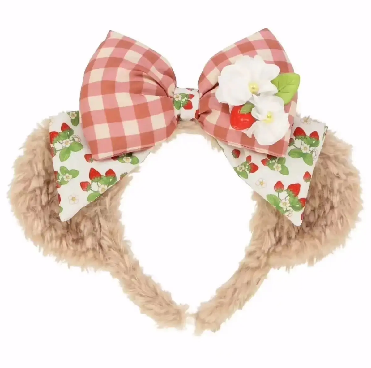 1pc New Cute Cartoon Bow Strawberry Bears Ear Plush Headband, Garden Party Headwear Decoration, Sweet Shampoo Headband