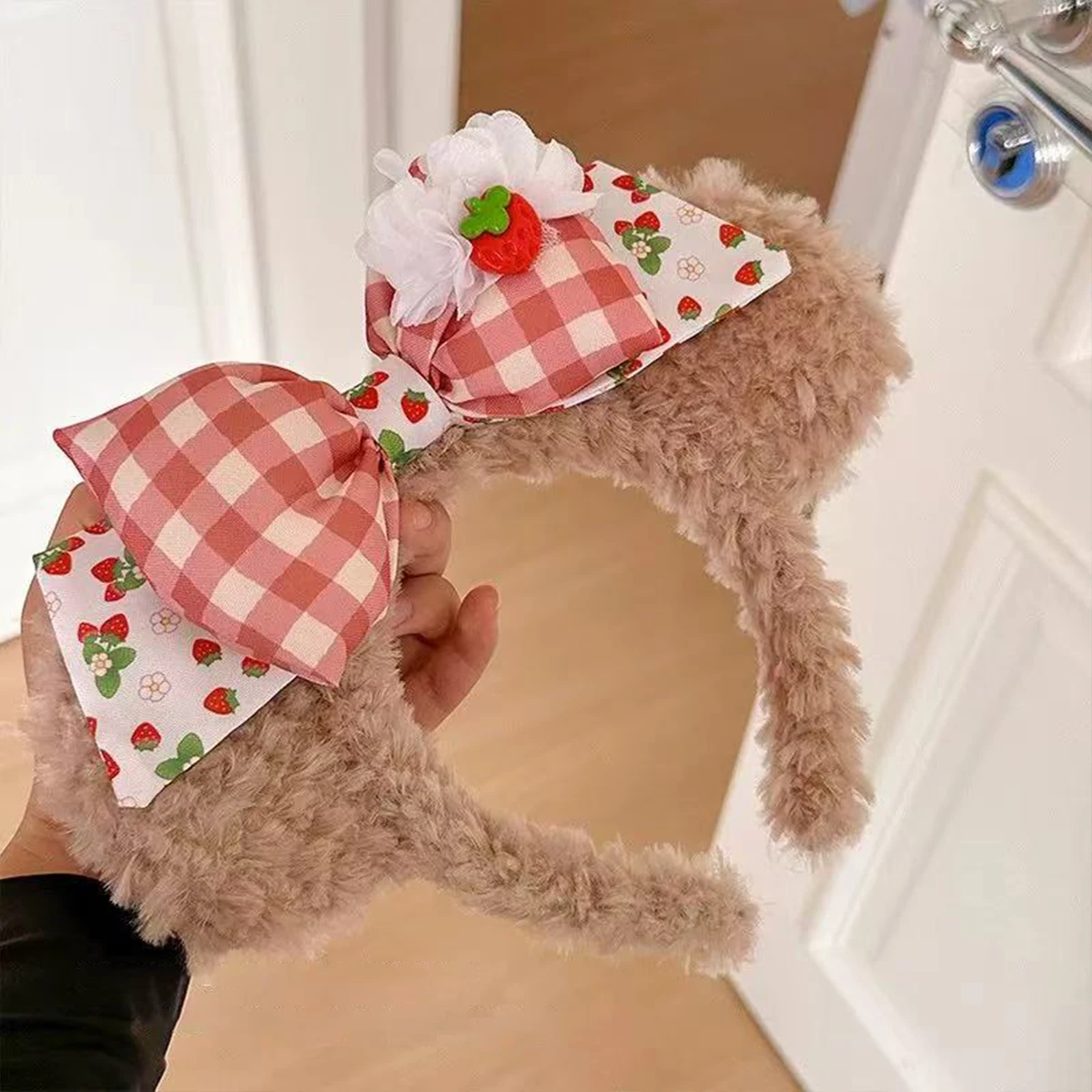 1pc New Cute Cartoon Bow Strawberry Bears Ear Plush Headband, Garden Party Headwear Decoration, Sweet Shampoo Headband