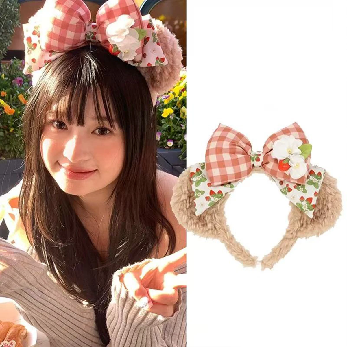 1pc New Cute Cartoon Bow Strawberry Bears Ear Plush Headband, Garden Party Headwear Decoration, Sweet Shampoo Headband