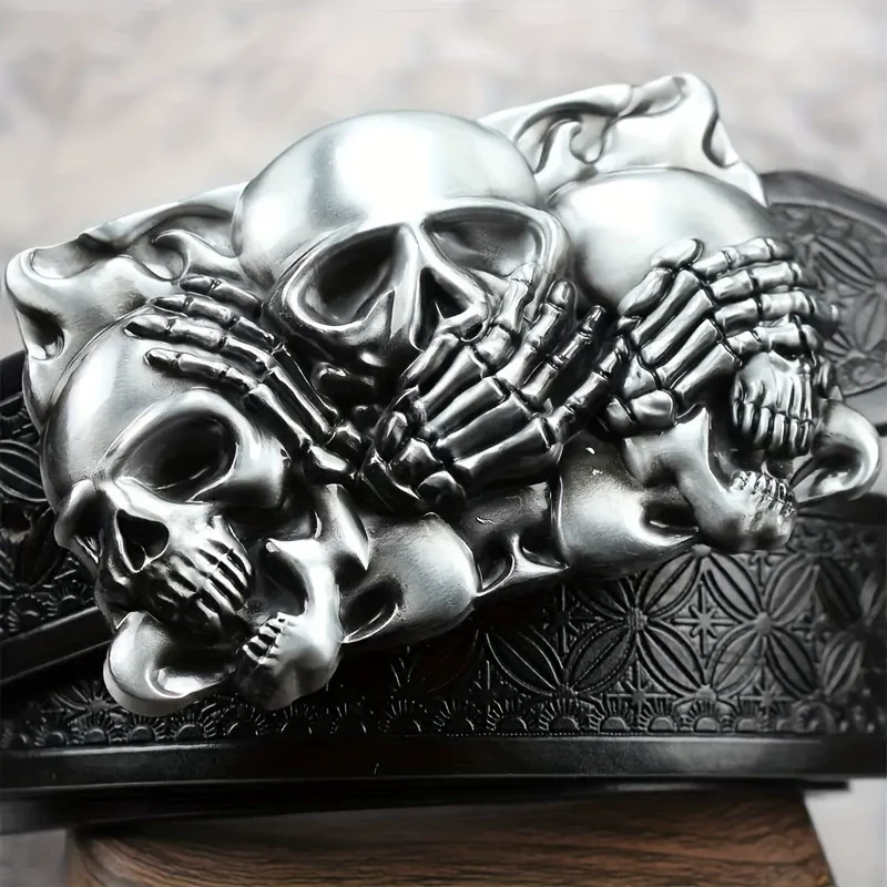 1 Western Cowboy Ancient Silver Multiple Ghost Head Skull Large Plate Buckle Belt Trendy Retro Society Young Men Punk PU Leather