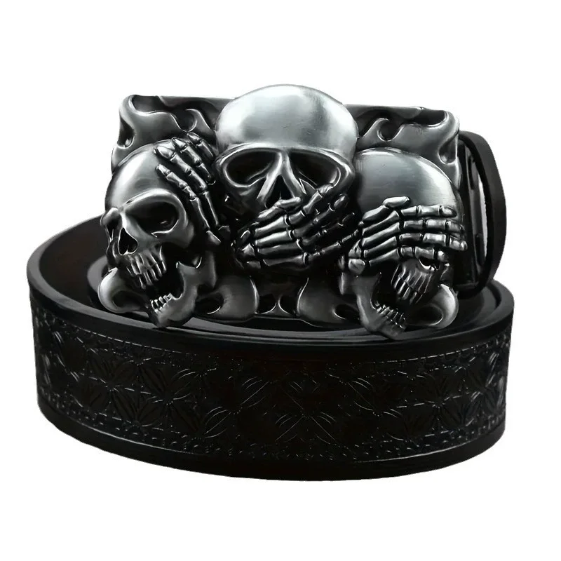 1 Western Cowboy Ancient Silver Multiple Ghost Head Skull Large Plate Buckle Belt Trendy Retro Society Young Men Punk PU Leather