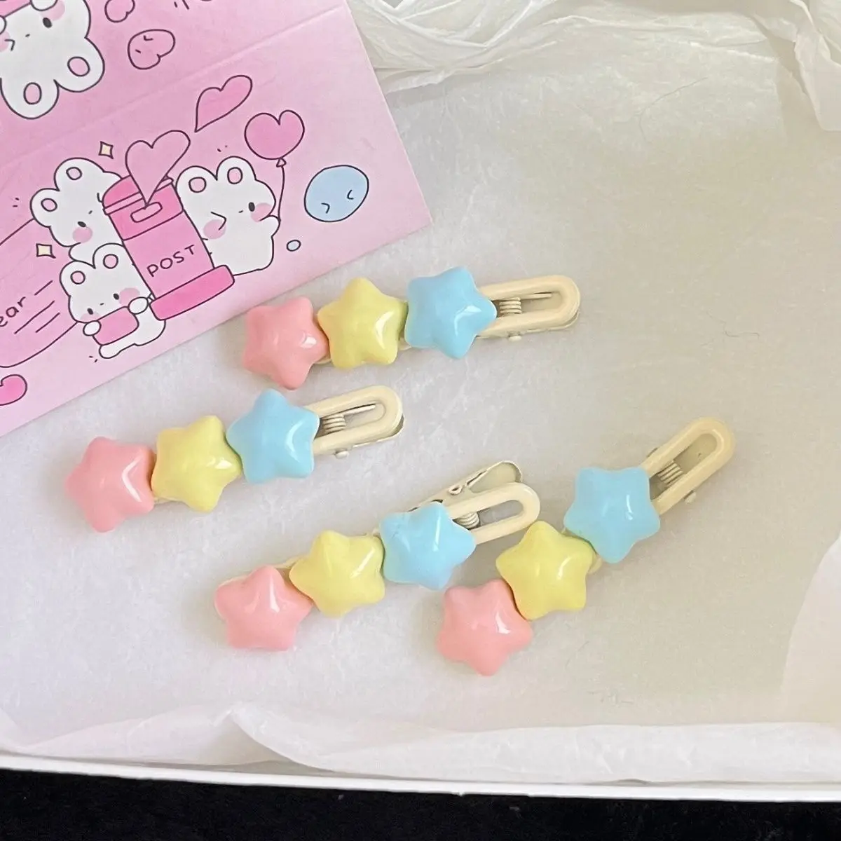 Pastel Star Hair Clips Cute 3 Color Kawaii Barrettes for Girls Long Wavy BB Hairpins for Side Bangs Aesthetic Hair Accessories