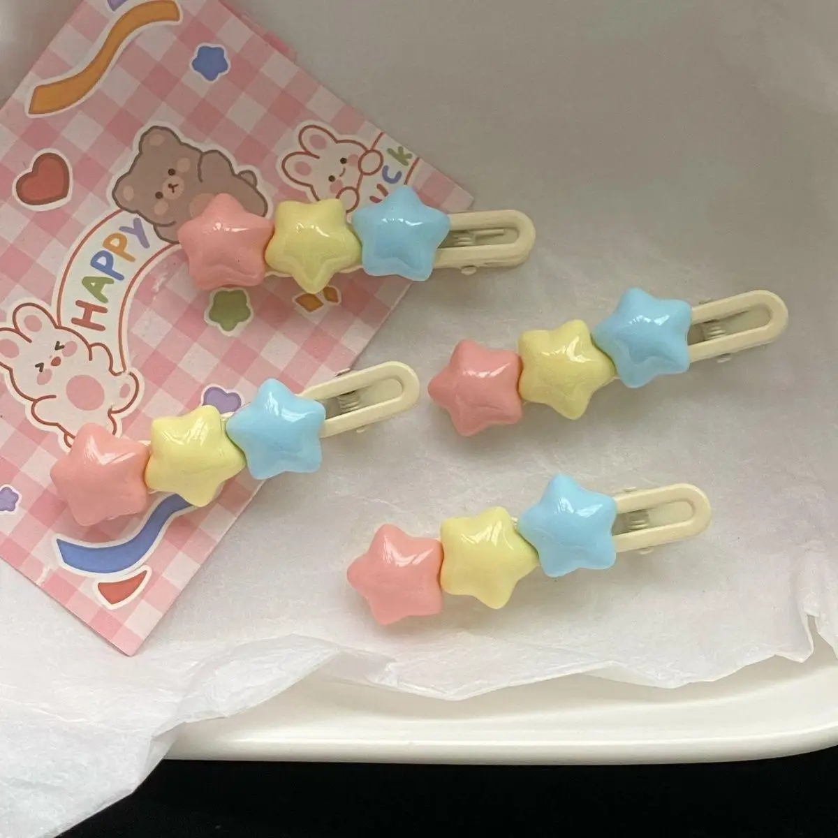 Pastel Star Hair Clips Cute 3 Color Kawaii Barrettes for Girls Long Wavy BB Hairpins for Side Bangs Aesthetic Hair Accessories