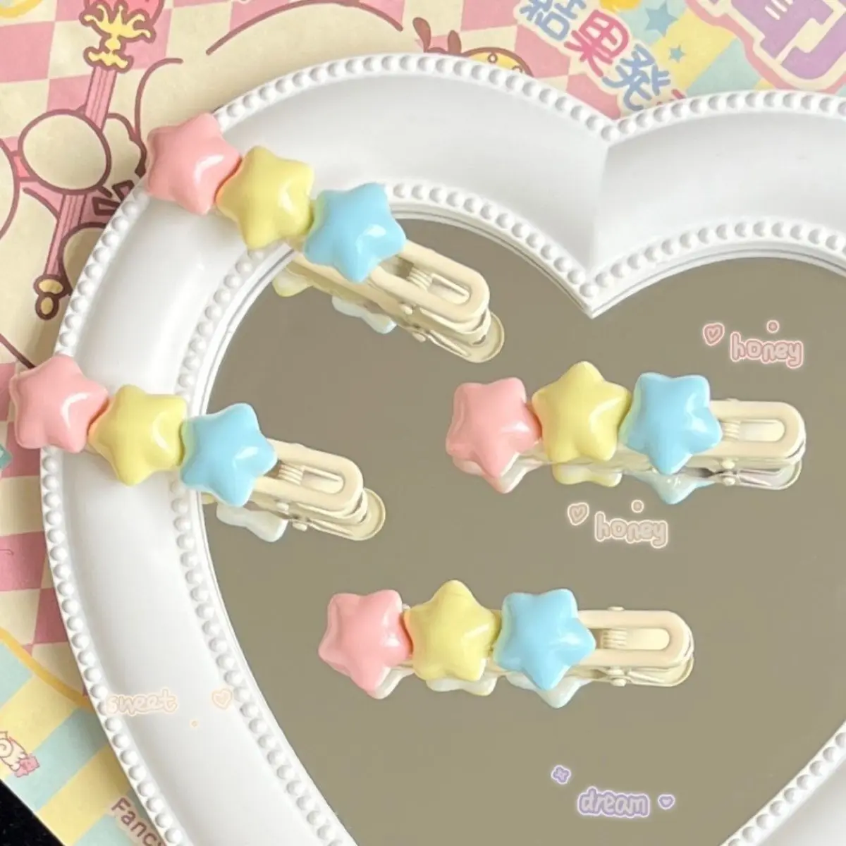 Pastel Star Hair Clips Cute 3 Color Kawaii Barrettes for Girls Long Wavy BB Hairpins for Side Bangs Aesthetic Hair Accessories