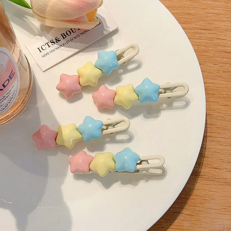 Pastel Star Hair Clips Cute 3 Color Kawaii Barrettes for Girls Long Wavy BB Hairpins for Side Bangs Aesthetic Hair Accessories