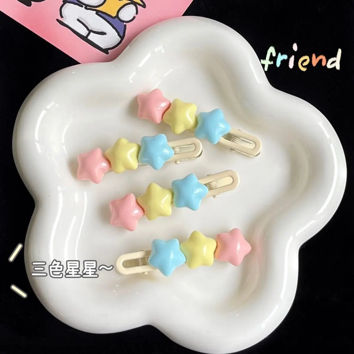 Pastel Star Hair Clips Cute 3 Color Kawaii Barrettes for Girls Long Wavy BB Hairpins for Side Bangs Aesthetic Hair Accessories
