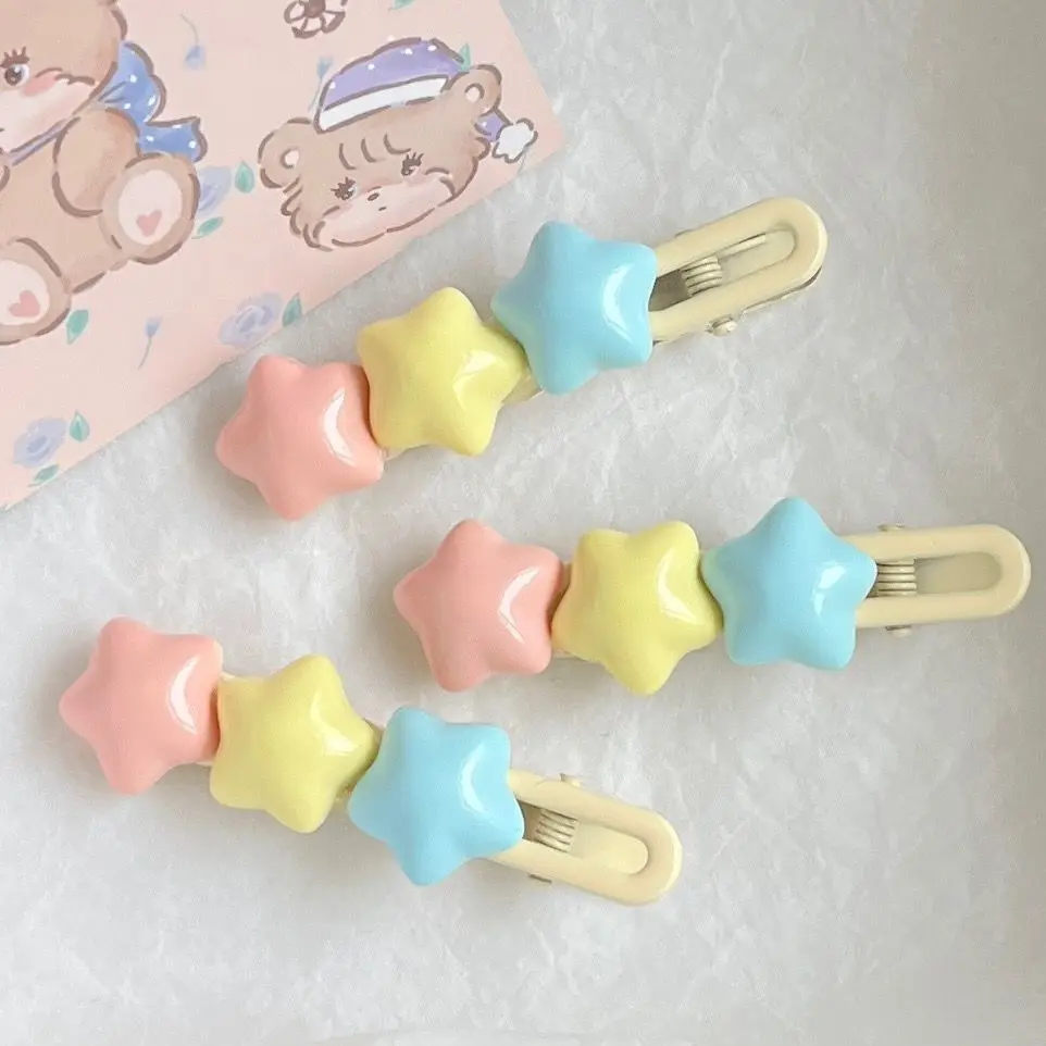 Pastel Star Hair Clips Cute 3 Color Kawaii Barrettes for Girls Long Wavy BB Hairpins for Side Bangs Aesthetic Hair Accessories