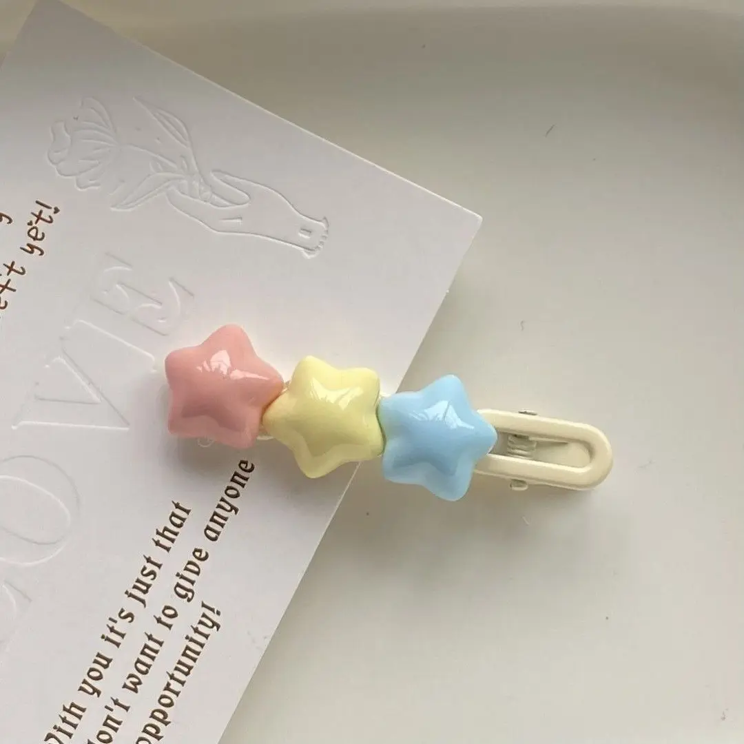 Pastel Star Hair Clips Cute 3 Color Kawaii Barrettes for Girls Long Wavy BB Hairpins for Side Bangs Aesthetic Hair Accessories