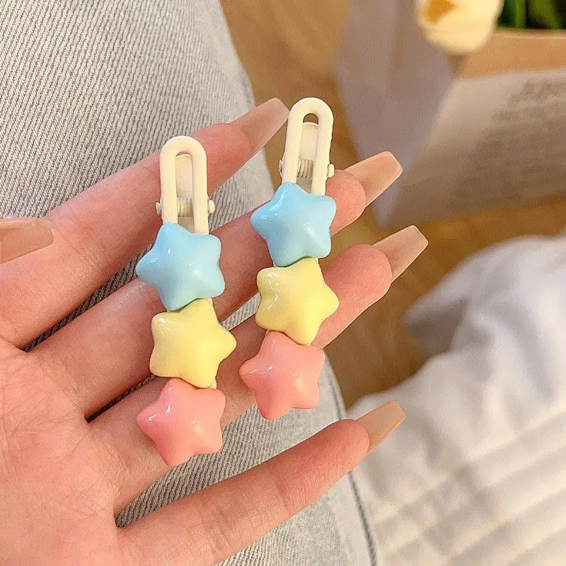 Pastel Star Hair Clips Cute 3 Color Kawaii Barrettes for Girls Long Wavy BB Hairpins for Side Bangs Aesthetic Hair Accessories