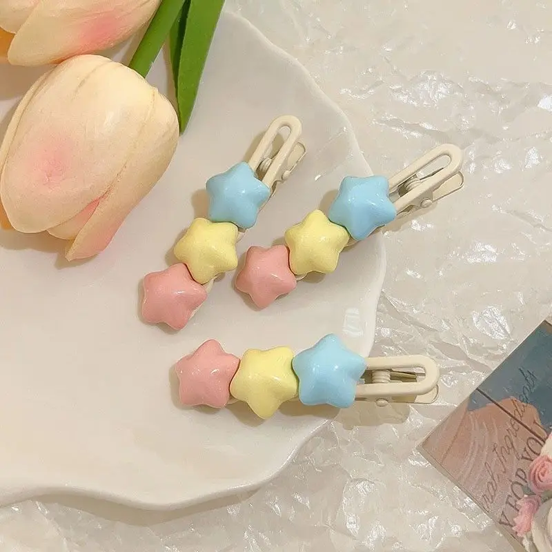 Pastel Star Hair Clips Cute 3 Color Kawaii Barrettes for Girls Long Wavy BB Hairpins for Side Bangs Aesthetic Hair Accessories
