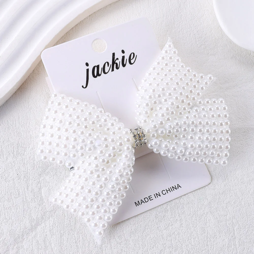 Trendy White Pearls Bow Hair Clips Sweet Beads Rhinestone Hairpin Bownot Barrette For Girl Children Korean Headdress Accessories