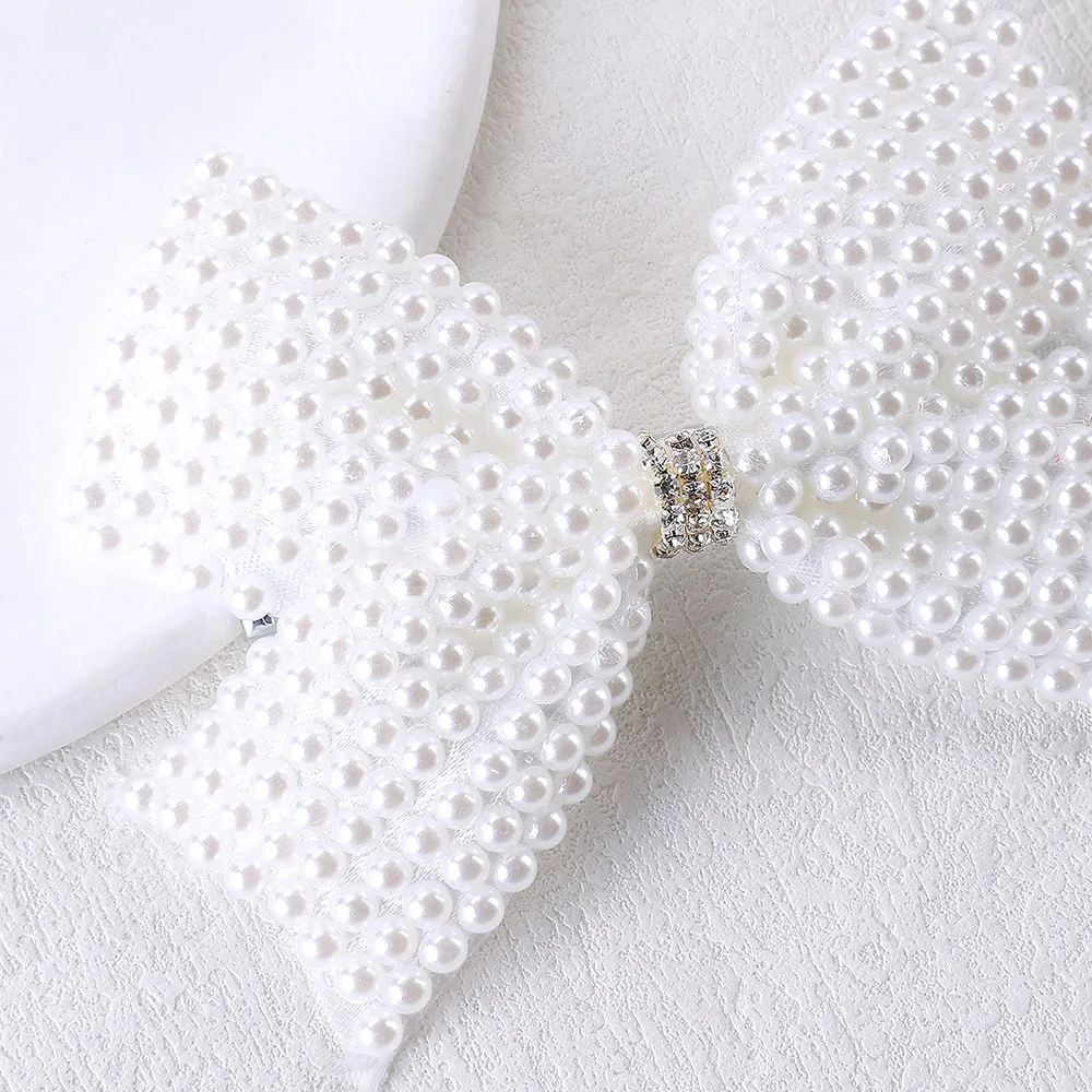 Trendy White Pearls Bow Hair Clips Sweet Beads Rhinestone Hairpin Bownot Barrette For Girl Children Korean Headdress Accessories