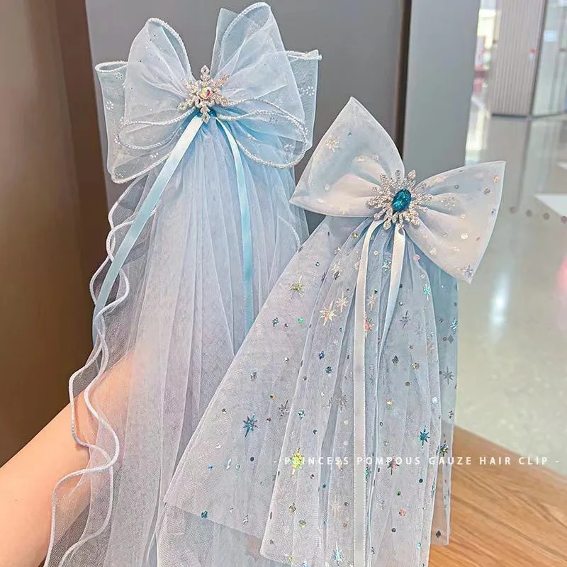 Travel with Crown Head Children's Veil Hairpin Birthday Photo Hair Accessories Girls Princess Bow Streamer Hairpin