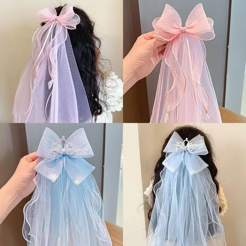 Travel with Crown Head Children's Veil Hairpin Birthday Photo Hair Accessories Girls Princess Bow Streamer Hairpin
