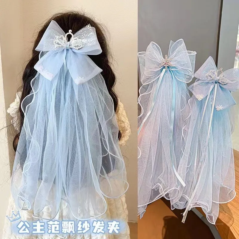 Travel with Crown Head Children's Veil Hairpin Birthday Photo Hair Accessories Girls Princess Bow Streamer Hairpin