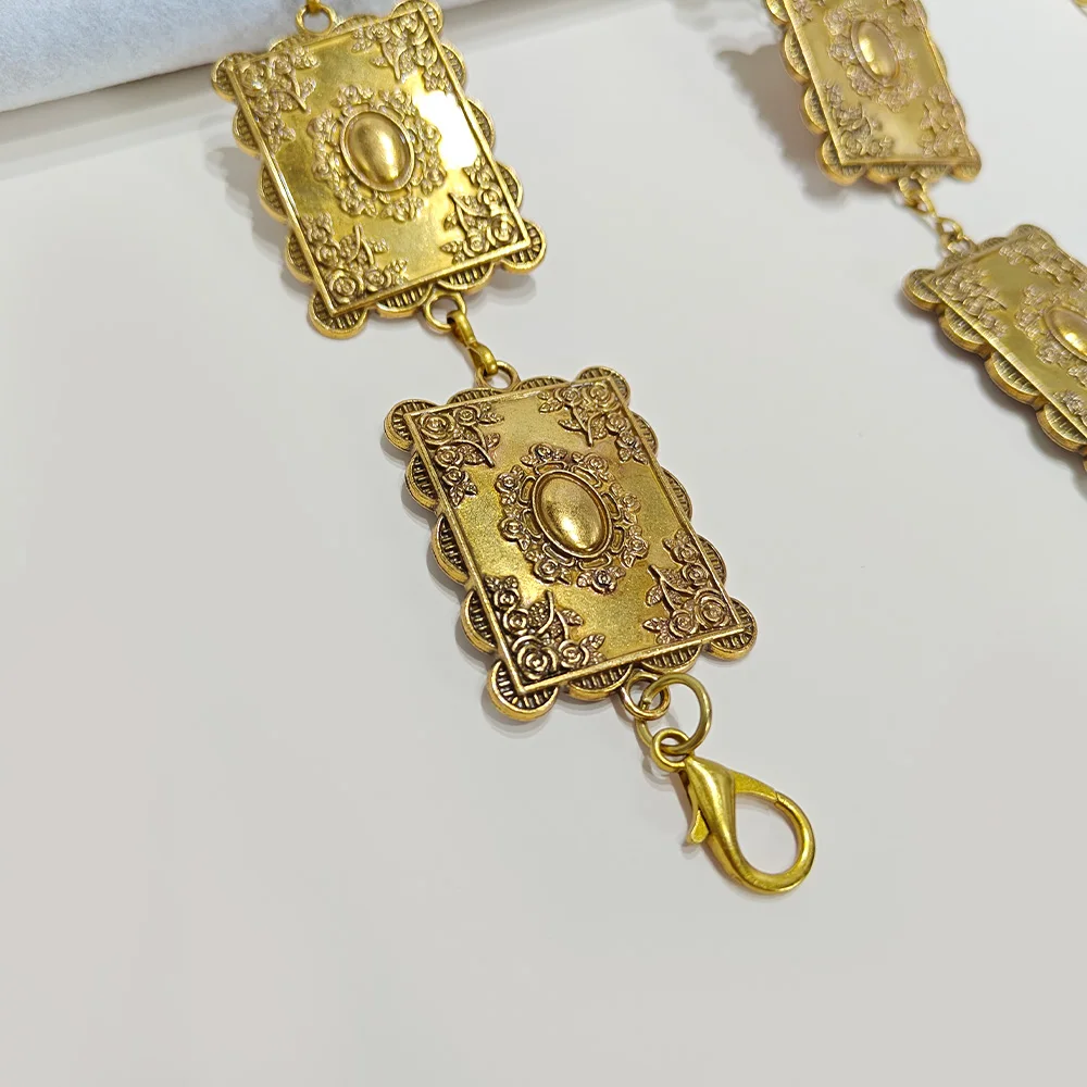 Vintage rectangle Craved Metal Waist Chain for Women Western Cowboy High Quality Luxury Designer Exquisite Golden Chain Belt