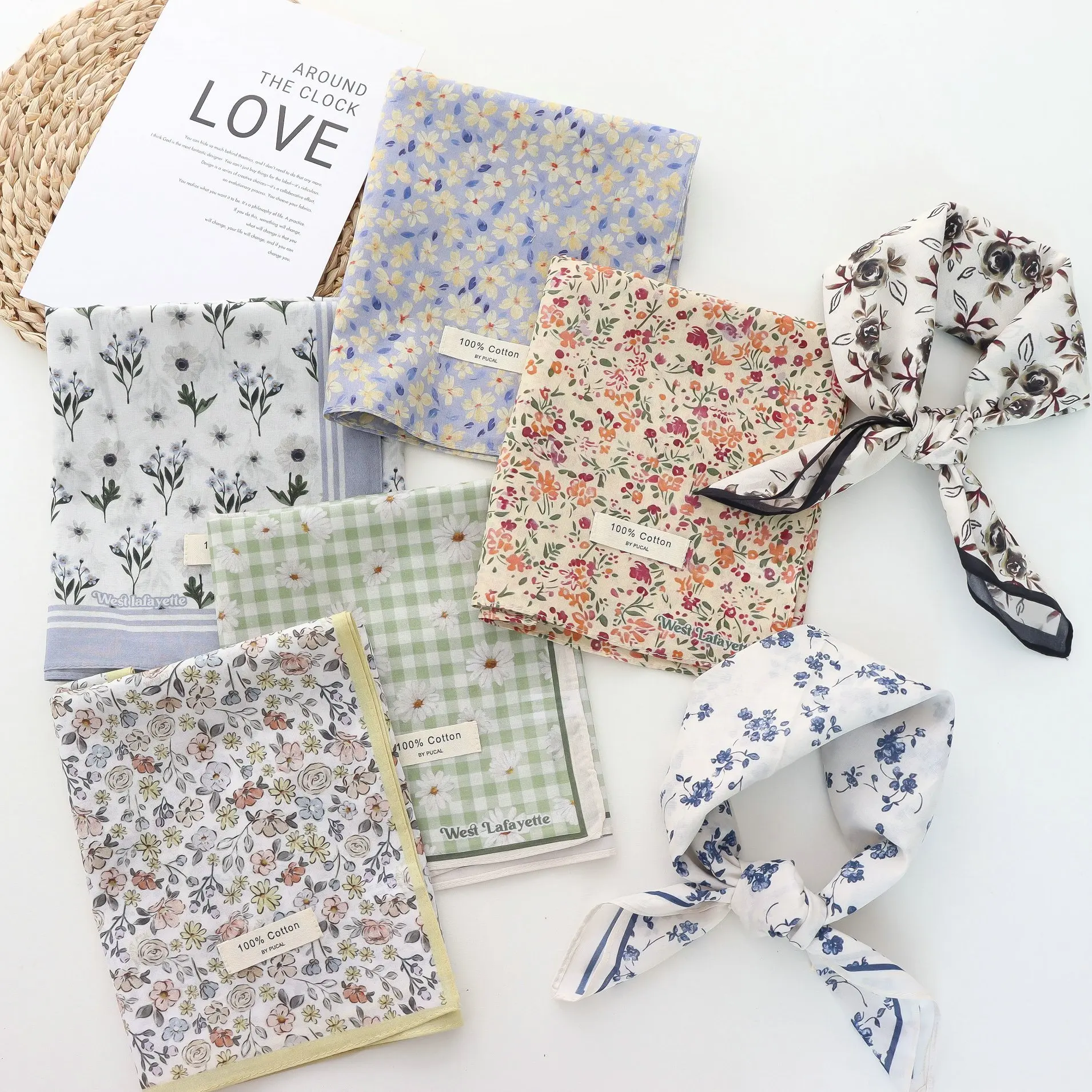 2025 Korean Style All-Matching Floral Square Scarf Cotton Small Scarf Retro Women's Thin Fresh Decoration Silk Scarf Headband