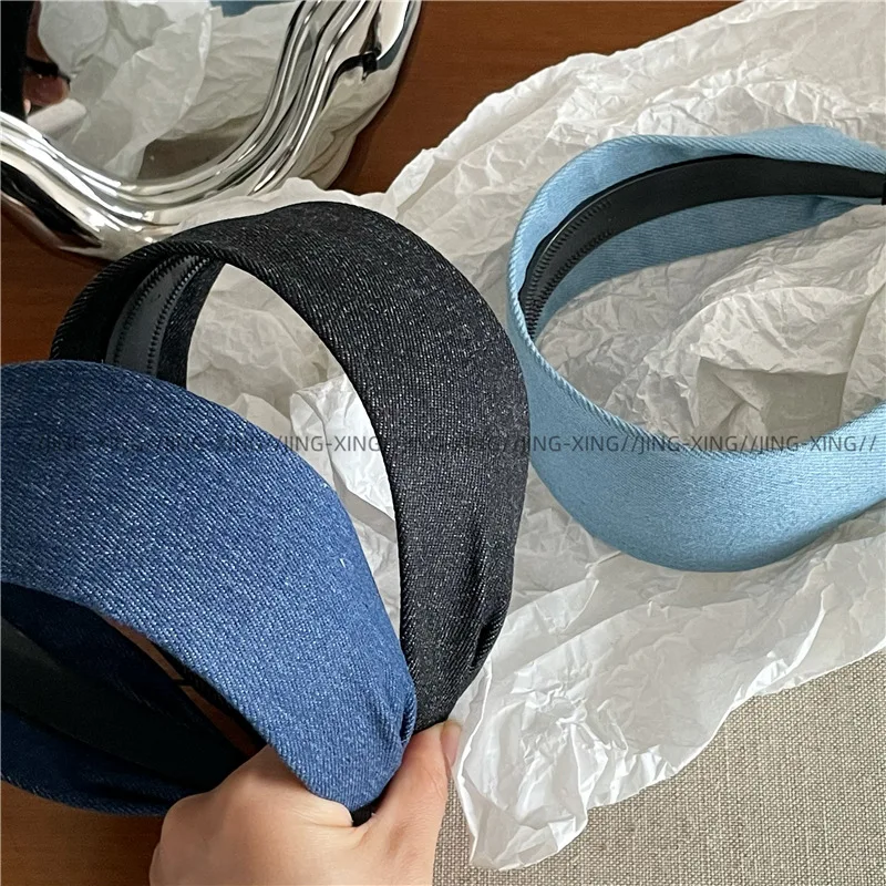 Fashion Personality Denim Blue Widened Fabric Headband Korean Version New Street With Pressure Hair Headband Face Wash Hairhoop