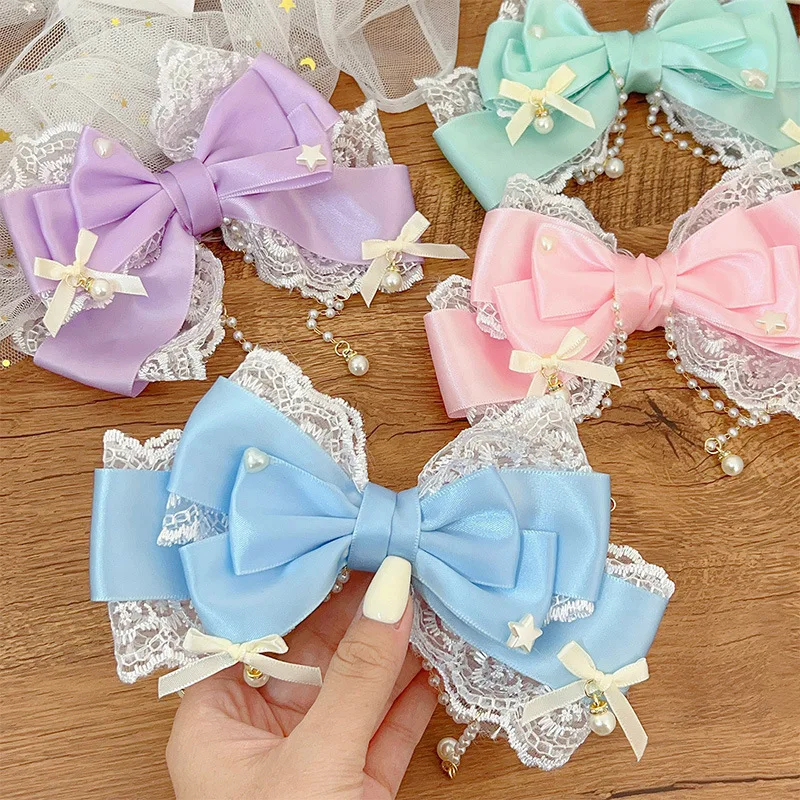 Cute Solid Bow Lace Pearls Chain Hair Clip For Girls Sweet Hair Ornament Princess Headband Hairpin Fashion Hair Accessories