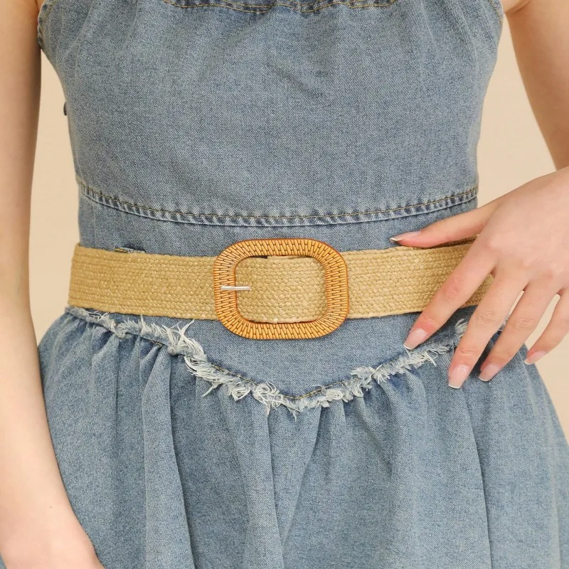 Striped elastic waistband for women's fashion square buckle elastic weaving bohemian style PP grass wide waistband