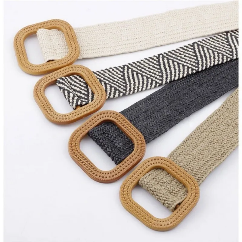 Striped elastic waistband for women's fashion square buckle elastic weaving bohemian style PP grass wide waistband