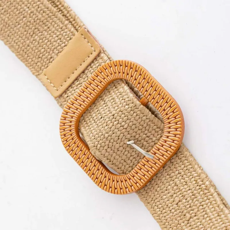 Striped elastic waistband for women's fashion square buckle elastic weaving bohemian style PP grass wide waistband