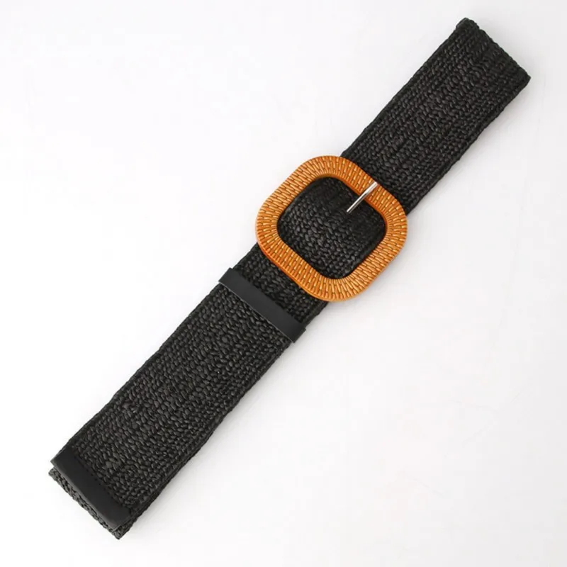 Striped elastic waistband for women's fashion square buckle elastic weaving bohemian style PP grass wide waistband