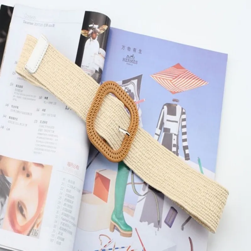 Striped elastic waistband for women's fashion square buckle elastic weaving bohemian style PP grass wide waistband